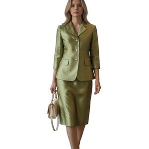 Melinda Eng 100% Silk Jacket and Skirt Suit Lime Green Size 14